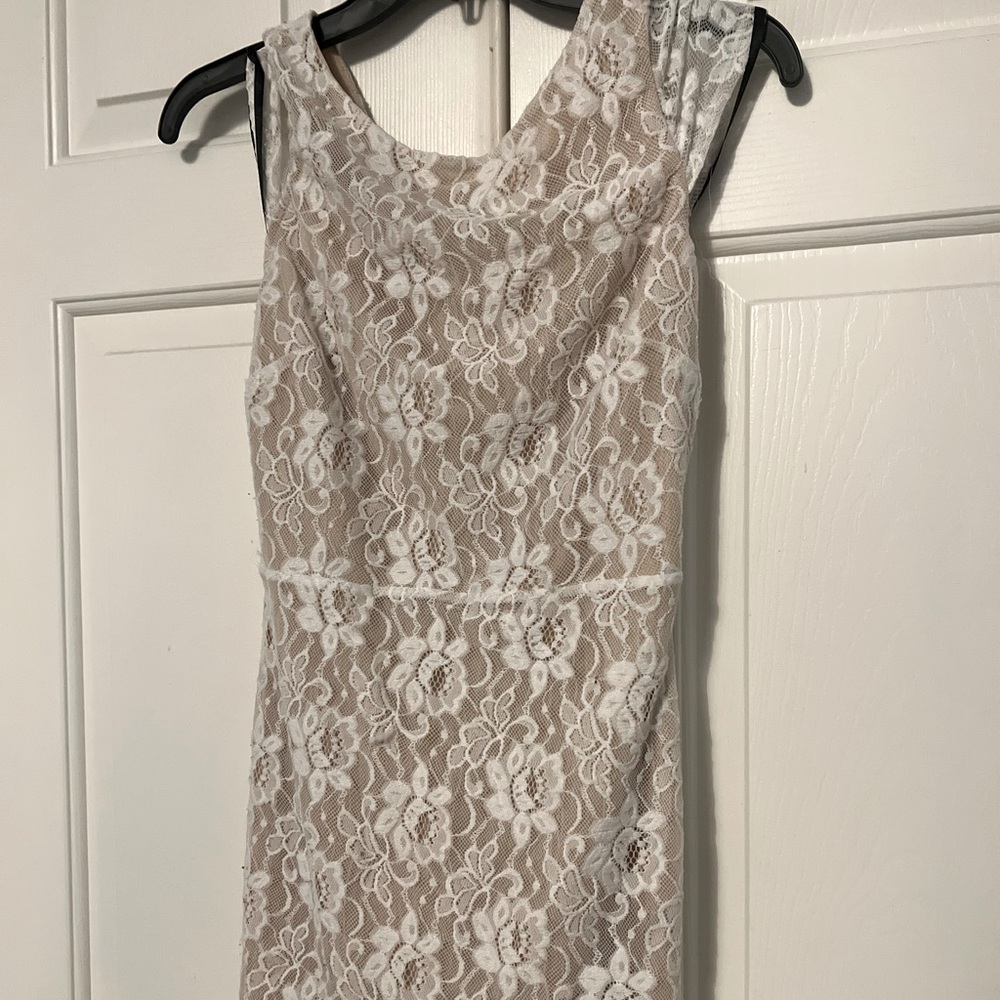 Bebe White Lace Minidress with Cap Sleeves and Cutout Back